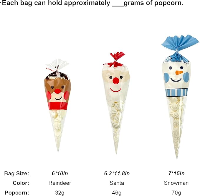 EKAPACKAGING 50Pcs 6x10 Inches Reindeer Print Cone Shaped Treat Bags with Ties, Christmas Clear Cellophane Bags, Party Favor Bags for Popcorn, Cookies, Cotton Candy, Gift, and Pretzel Rod
