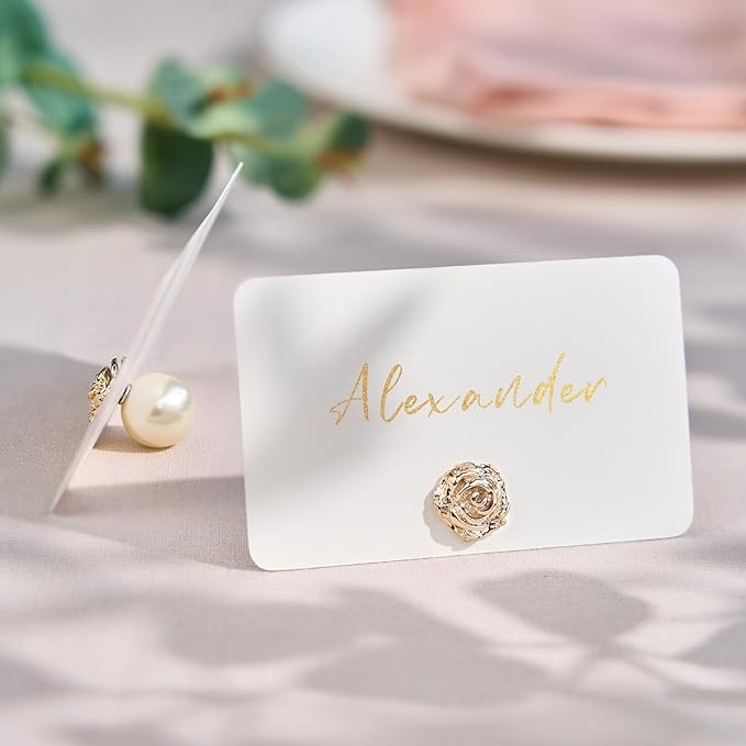 UNIQOOO 24Pcs Decorative Rose Floral Place Card Holders Bulk, Luxury Gold Metal Name Card Stands Set, for Wedding Table Setting, Business Card, Name Tag, Party Food Labels