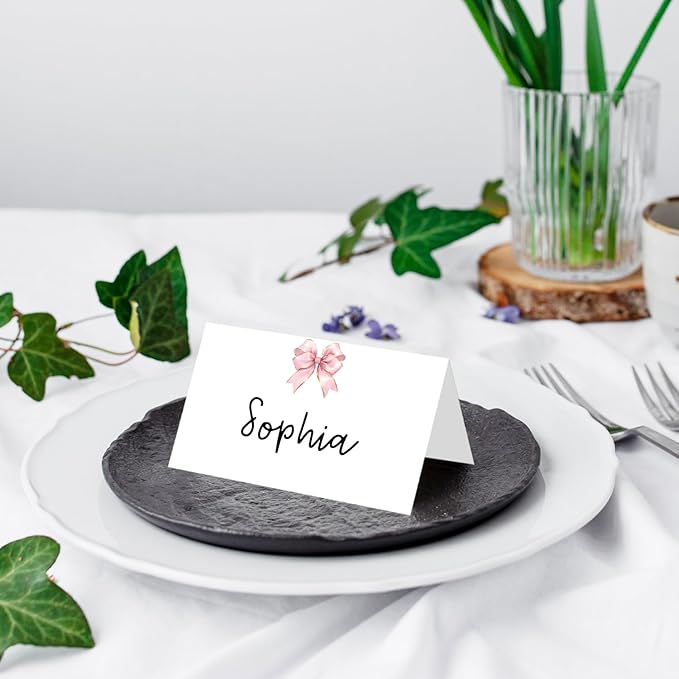 25 Pack Pink Bow Place Cards, Editable Name Cards for Table Setting, Bowknot Tent Cards Food Label for Dinner Party, Wedding, Bridal Shower, Baby Shower and Events -T31