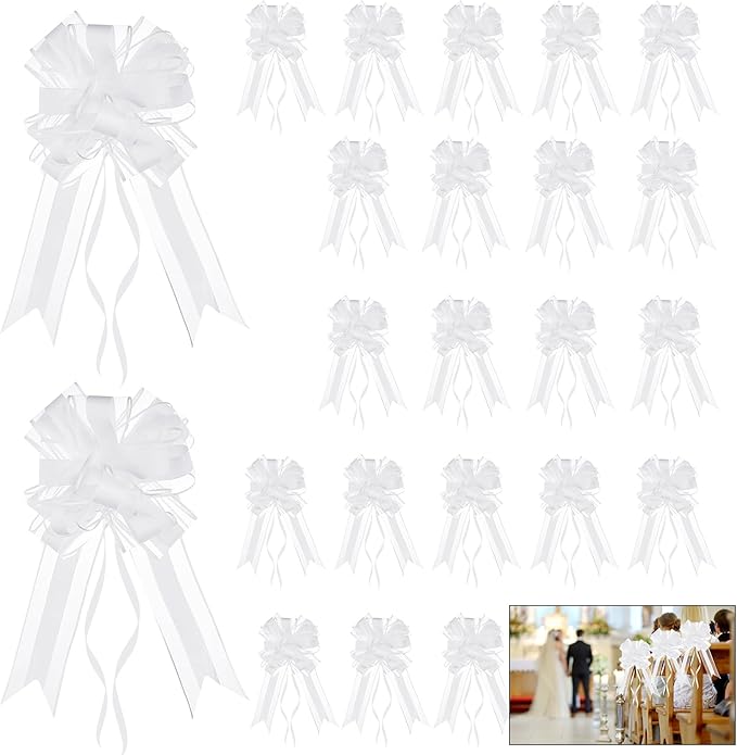 Gift Wrap Bows, 24 White Pull Bows with Ribbon for Weddings and Parties