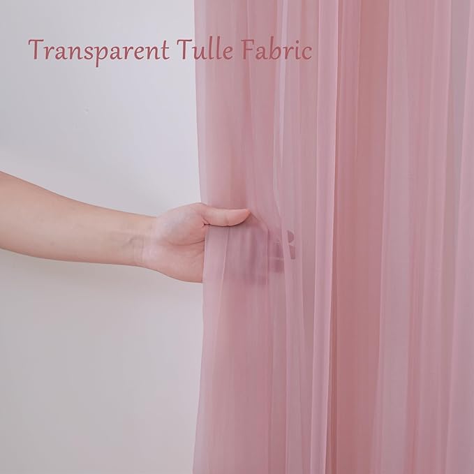 30×10ft Dusty Rose Tulle Backdrop Curtain with Lights String for Parties, Sheer Photo Backdrop Curtains for Wedding Party Photography Background
