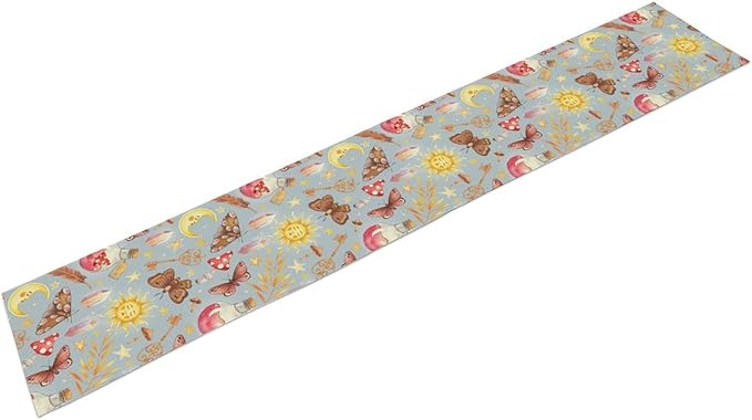 Boho Sun Moon Table Runner Mystical Rustic Butterfly Mushroom Star Table Runner for Kitchen Living Room Dinner Holiday 13x36 Inch