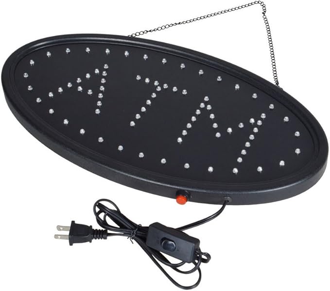 Boshen Led ATM Signs Decor for Bank Business Mart Shop Store Bar Cafe Now Open Sign Display On/Off Switch + Chain (19" Lx 10"W(Oval"ATM"))