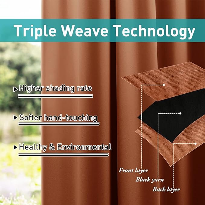 Outdoor Curtains Waterproof Blackout Panels in Burnt Orange, 52 x 84 Inch