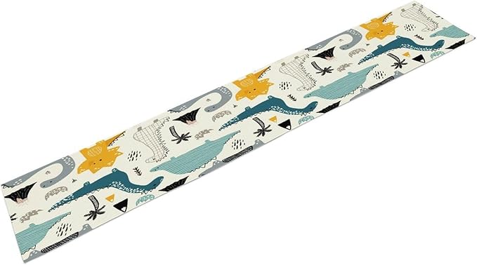 Cartoon Dinosaur Table Runner,Kids Boys Cute Various Dino Moutain Modern Abstract Print Tablecloth Burlap for Hotel Indoors Outdoor Dining Room Kitchen Holiday Party, 13x36in