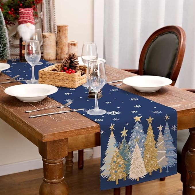 GEEORY Christmas Table Runner 13x48 Inch, Xmas Trees Snowflakes Holiday Decorative Farmhouse Table Decoration for Kitchen Dinning, Indoor Outdoor Dinner Party Decor (Blue) GT151-48