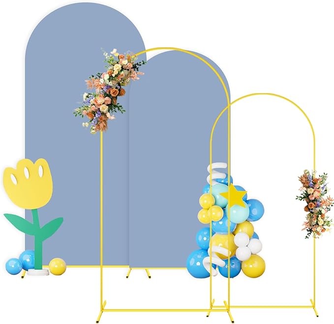 Arch Backdrop Stand and Cover Set 6FT 7.2FT Dusty Blue Arch Backdrop Covers Set of 2 Gold Metal Arch Frame Spandex Arched Covers for Birthday Party Banquet Wedding Ceremony Decor
