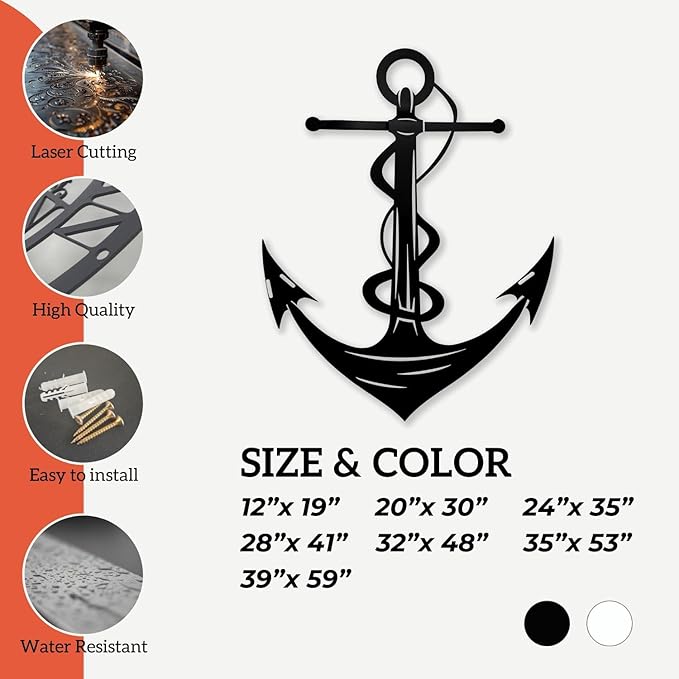 XXQ Anchor Metal Wall Decor, Anchor Metal Wall Art for Bedroom Living Room Dorm Antique Anchor Wall Decor Antique Metal Anchor Farmhouse Decor (Whhite, 20" x 30" / 51 x 76cm)