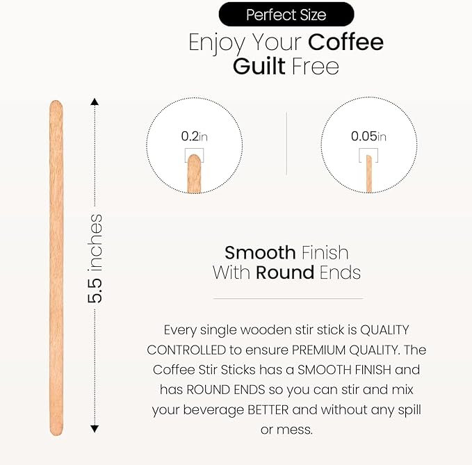 Disposable Drink Stirrers, Birch Wood Coffee Sticks, Round Ends, 5.5 Inch