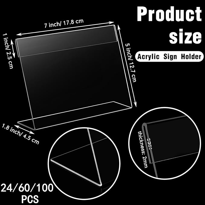 Vicenpal 200 Pcs 7x5 Inch Clear Acrylic Sign Holder Plastic L-shape Vertical Menu Stand, Picture Photo Frames, Table Paper Holder, Flyer Sign Display Stand for Restaurants, Store, Office, Wedding