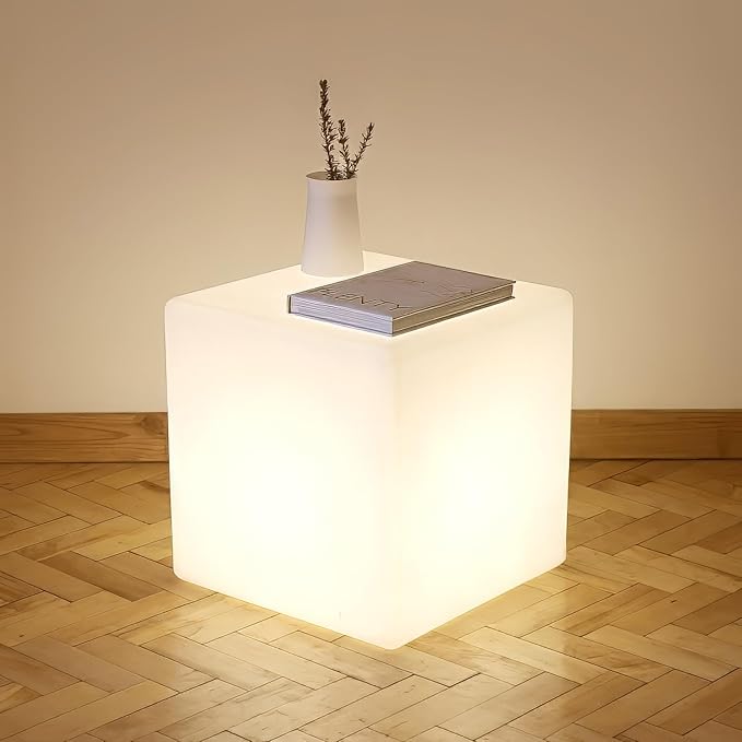 Mr.Go 14-Inch Color Changing LED Cube Light Stool, Glow Cube Seat for Kids, Modern LED Light Side Table, 16 RGB Colors LED Mood Lighting, Ideal for Home Garden Patio Bar Pool Party Decorative Lighting