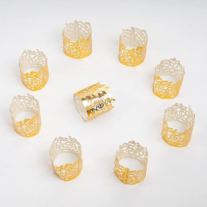 100pcs Disposable Rose Flower Paper Napkin Rings Laser Cut Foil Paper Napkin Holder, Leaf Vine Serviette Rings for Table Decoration,Christmas,Wedding,Party (Gold)