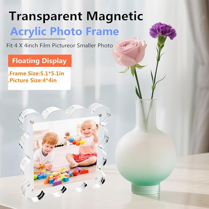 4x4 Inch Magnetic Acrylic Picture Frame,10+10mm Thick Block,Double Sided Clear scalloped frames for Desktop Display | Trendy Home Gift ((1 Pack), 4X4)