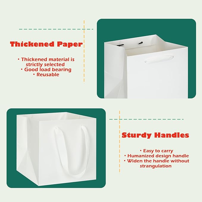 Gift Bags, 12x12 Inch White Square Bottom with Handles, Pack of 10
