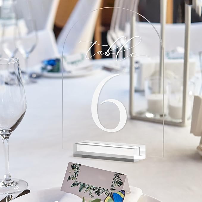 JINMURY Clear Arch Table Numbers for Wedding, 5x7 Inch Arched Acrylic Table Numbers 1-25 with Stands, Clear Acrylic Arch Sign with Holder for Centerpiece, Reception, Wedding, Party, Event