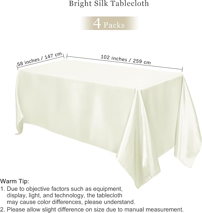TURSTIN 4 Packs Satin Tablecloth 102 x 58 Inch Overlay Satin Table Cover Rectangle Bright Silk Tablecloth Smooth Fabric Table Decoration for Wedding Banquet Party Events, Ivory