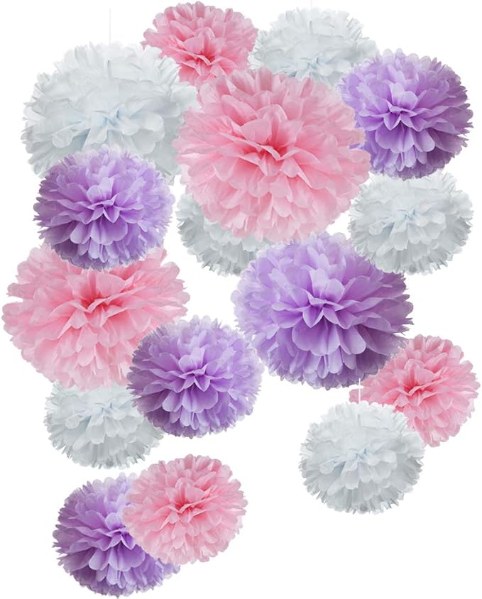 Tissue Paper Pom Poms Set, 18 Pieces in Pink, Purple and White