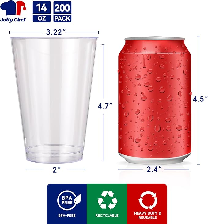 Clear Plastic Party Cups, 14 oz, 200 Count, Heavy-Duty Disposable