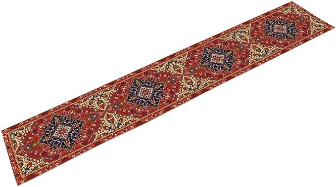 Boho Old French Table Runner, Vintage Red Beige Retro Flower Rustic Country Style Floral Print Pattern for Home Kitchen Table Decor Dining Coffee Room Garden Party Decor 13x36in