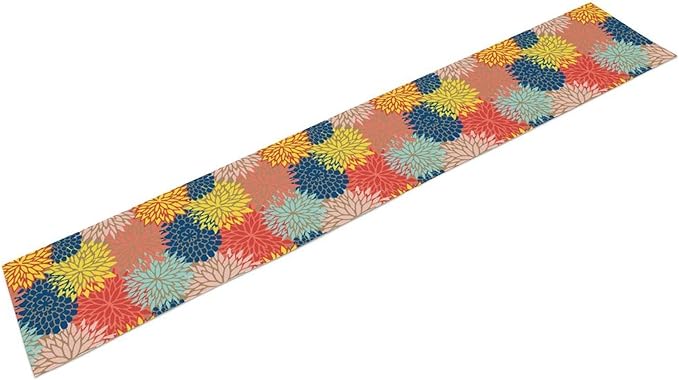 Dahlia Flowers Table Runner Colorful Floral Teal Grey Pink Yellow Blue Abstract Table Runner Kitchen Dining Party Decor Living Room, 13x120 Inch