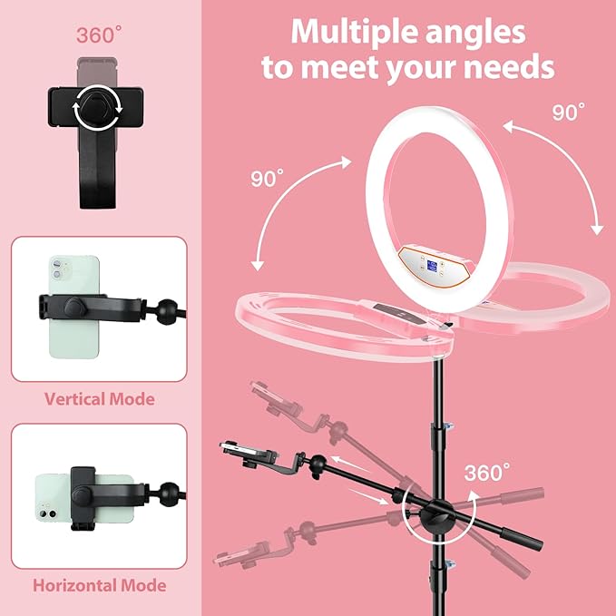Ring Light with Stand 22inch Kit: Professional Ring Light Overhead Tripod for iPhone ipad, LCD Display/2 USB Ports for Makeup Barber Tattoo Lash Extension Video Photography Lighting (Pink)