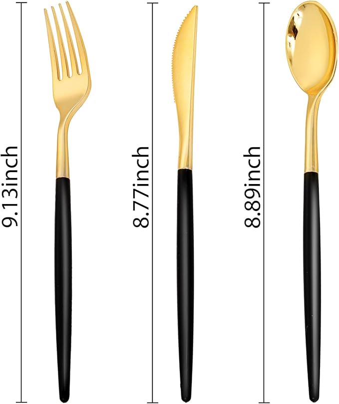 SUT Gold Plastic Silverware (160Pcs) Forks and Spoons Disposable, 80 Gold Plastic Forks, 40 Gold Knives, 40 Gold Spoons, Black and Gold Utensils Set Disposable for Parties, Weddings,New Year,Halloween