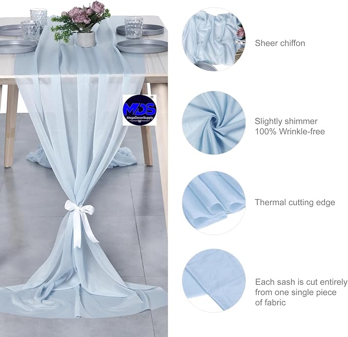 MDS 25 Pack 10ft Chiffon Table Runner 29 x 120 Inches Sheer Wedding Runner Romantic Rustic Table Runner for Wedding Decorations, Birthday Parties, Bridal Shower Party Arch Decor - Baby Blue