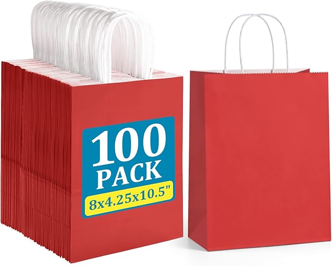 Gift Bags, Red Paper, 100 Count, 8 x 4.25 x 10.5 Inch