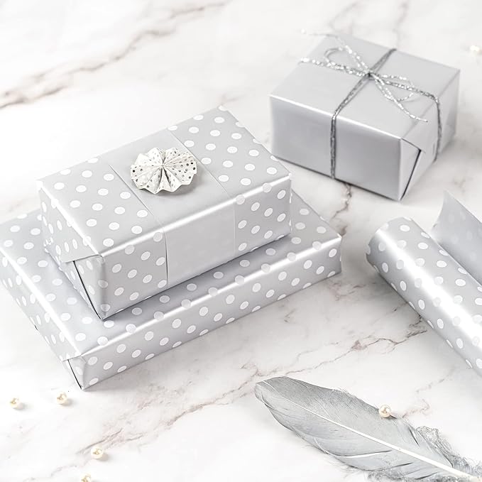 WRAPAHOLIC Reversible Wrapping Paper - Mini Roll - 17 Inch X 33 Feet - Silver Print and Polka Dot Design for Birthday, Holiday, Wedding, Baby Shower