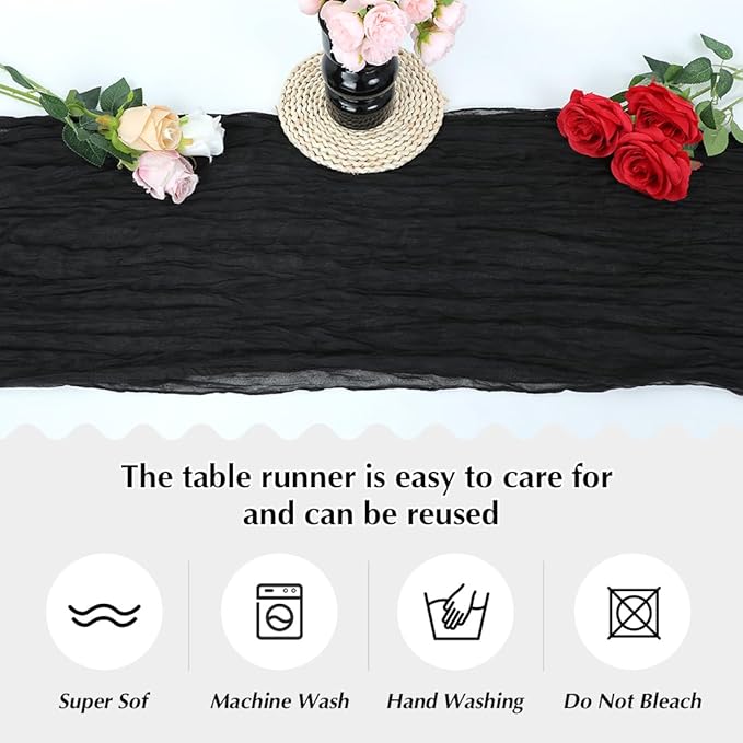 10 Pack Black Cheesecloth Table Runner -21*120Inch Long Boho Wedding Table Decor, Rustic Gauze Fabric Runner for Bridal Showers, Baby Showers & Parties (Sheer, Lightweight, Wrinkled Design)