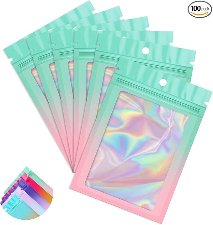Funfery 100 Pack Gradient Holographic Bags,Mylar Resealable Bags with Zipper,Clear Window Packaging Pouchs,Smell Proof Foil Bag for Food Storage,Sample Jewelry Baggies(4.7×7In,Green Pink)