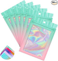 Funfery 100 Pack Gradient Holographic Bags,Mylar Resealable Bag with Zipper,Clear Window Packaging Pouch,Smell Proof Bags for Food Storage,Sample Jewelry Baggies(6.3x9.4In,Green Pink)