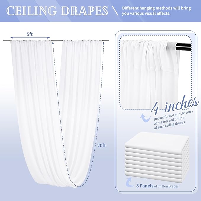 8 Panels White Ceiling Drapes for Wedding 5ftx20ft Chiffon Fabric Arch Draping Curtains for Party Ceremony Birthday Baby Shower Reception Stage Ceiling Decorations