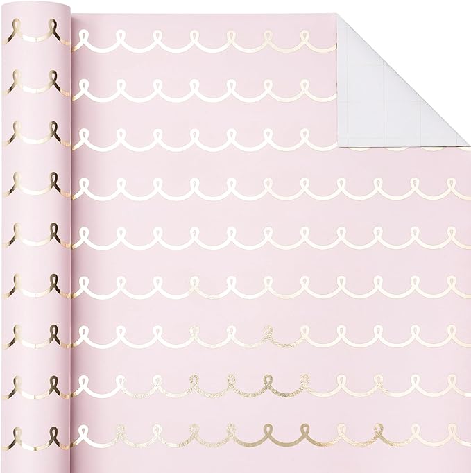 WRAPAHOLIC Pink Wrapping Paper Roll - Mini Roll - 17 Inch x 33 Feet - Metallic Foil Chic Classic Pink and Gold Wedding Wrapping Paper for Birthday, Wedding, Baby Shower, Valentine's Day