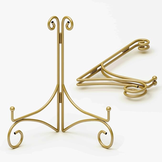 10 Inch Display Plate Stand with Folding Design, Metal Plate Holder for Tables, Picture Easel for Home Decoration, Photo Frame Stand, 10'' Gold