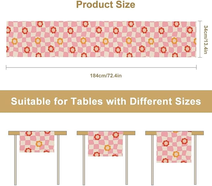 Vintage Floral Table Runner,60s Retro Color Funky Hippie Print Table Cloth Kitchen Dining Table Home Party Decoration 13x120 Inch