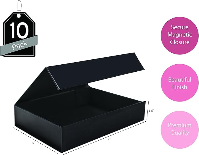 Purple Q Crafts 10 Pack Black Hard Gift Box with Magnetic Closure Lid 7" x 5" x 1.6" Rectangle Boxes For Gifts With Glossy Finish (Black, 10 Boxes)