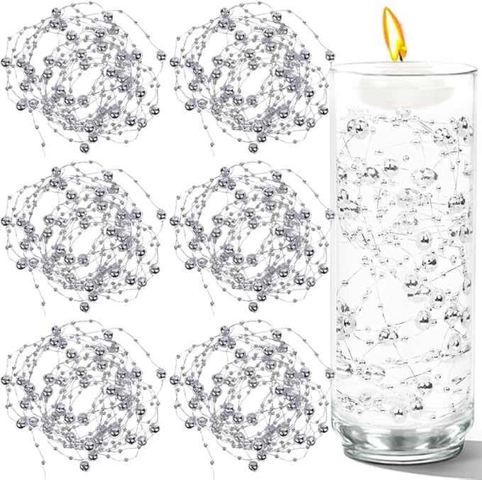 100 PCS Artificial Floating Beads for Centerpieces Vases, Silver 8+3mm String Beads for Wedding Party Faux Pearl String for Decorating, String Pearls for Crafts Vase Filler