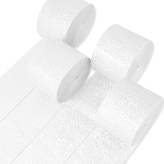 PartyWoo White Crepe Paper Streamers 4pcs 328ft Pack of Pearl White Crepe Paper Streamers for Wedding Graduation Baby Shower Engagement Anniversary Bachelorette Winter Birthday Party Decorations