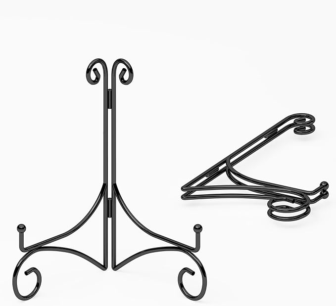 Plate Stand for Display with Hinged Folding Design, 6 Inch Picture Stands for Tables, Small Easels for Displaying Book, Art Piece, Photo and Platter, 6’’ Black