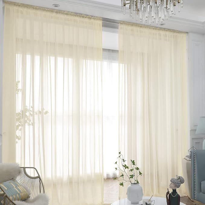 Window Light Yellow Sheer Curtains 130 Inches Long 2 Panels Sheer Curtain Basic Rod Pocket Panel for Bedroom Children Living Room Yard Kitchen (Light Yellow, 52" W x 130" L | 2 pcs)