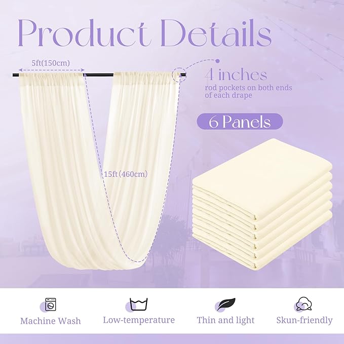 6 Panels Ivory Ceiling Drapes for Wedding, 5ftx15ft Ceiling Drapes Cheesecloth Sheer Fabric Curtain Wedding Arch Draping Fabric Romantic Ceiling Decorations for Weddings Party Ceremony Stage