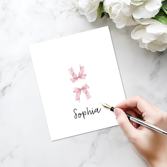 25 Pack Pink Plaid Bow Place Cards, Editable Name Cards for Table Setting, Tent Cards Food Label for Dinner Party, Bridal Shower, Wedding, Baby Shower and Events -T30