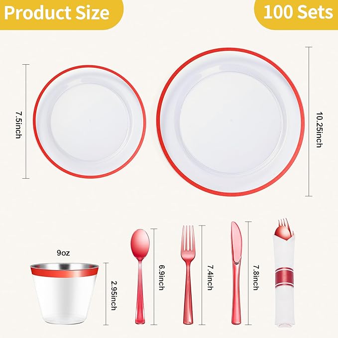 Disposable Plates Set, 700 Pieces, Red Plastic for 100 Guests
