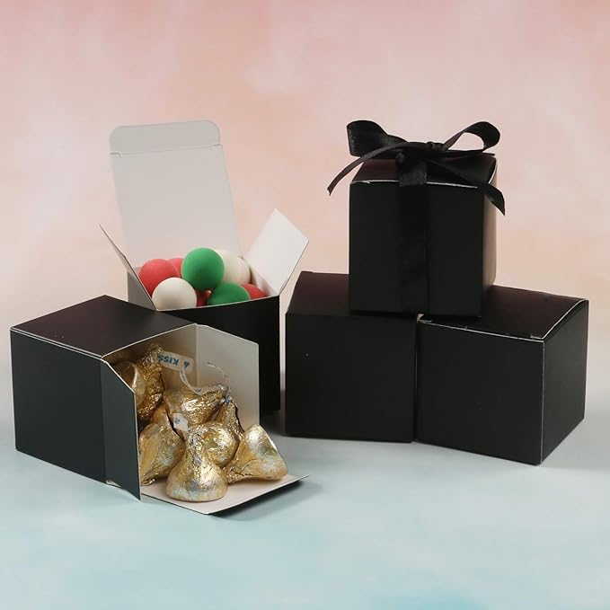 COTOPHER 60pcs Wedding Favor Boxes, Paper Gift Boxes 3x3x3 Inches Small Gift Boxes with Ribbons, Easy Assemble Boxes (Black)