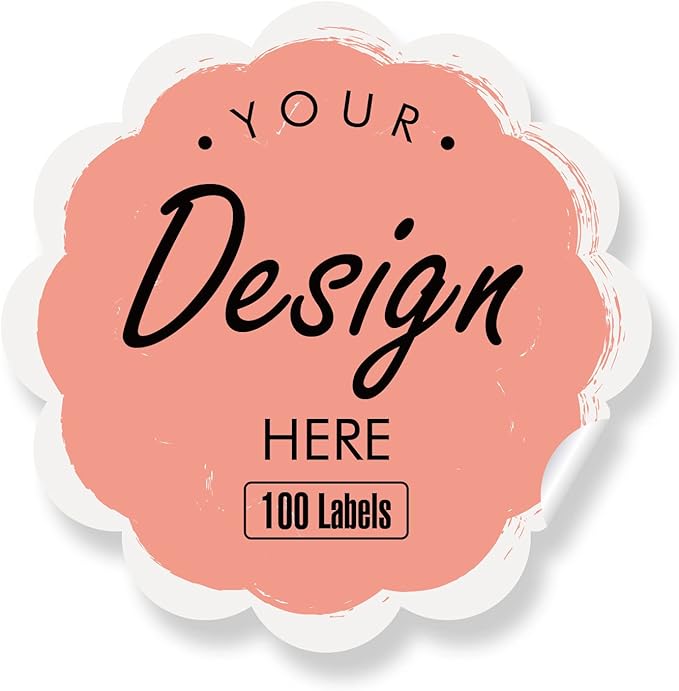 Custom Stickers - Personalized Labels with Heart, Floral Theme, Pink Color, Scalloped Shape, Waterproof, 100 Count