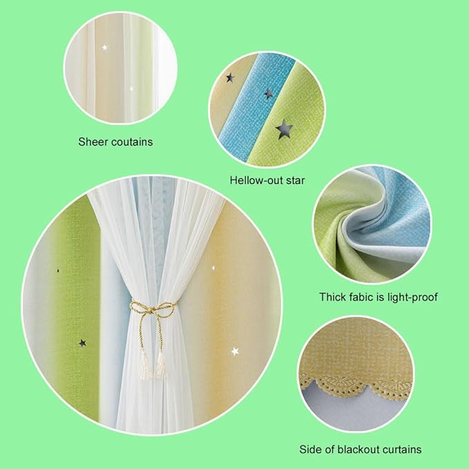 FANLI Ombre Rainbow Blackout Curtains for Kid Girls Bedroom Living Room Darking Stripe Double Layer Star Cut Out Wall Home Decor Gradient Grommet Window Curtains （Blue Green 52Wx95L）