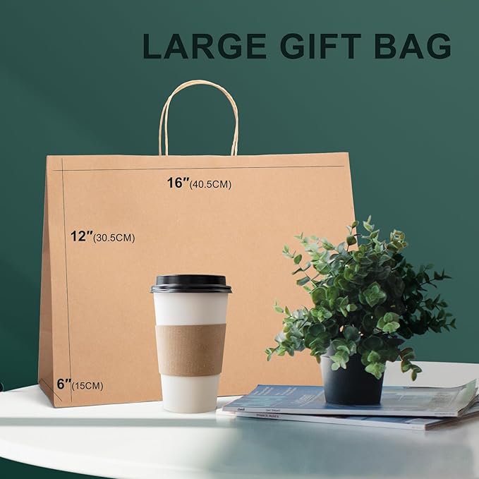 METRONIC Large Paper Bags With Handles 16x6x12 100pc, Shopping Gift Bags Bulk for Small Business, Groceries, Merchandise (Brown)