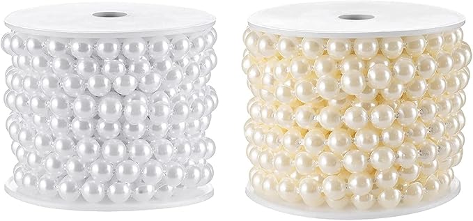 Flat Pearl Garland String 11 Yards, 10MM Half-Round Beaded Spool Roll Crafts for Wedding Decoration (White)