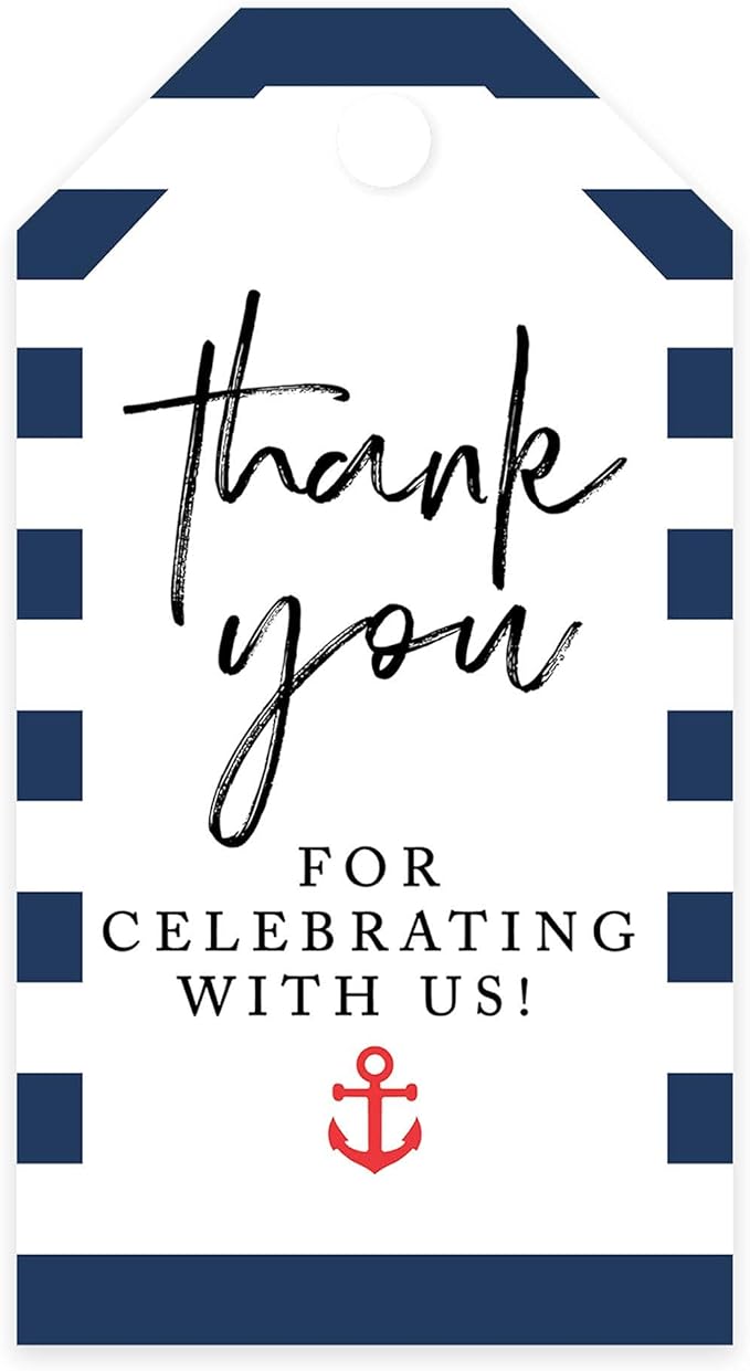 Andaz Press 100-Pack Thank You for Celebrating with Us Favor Tags Nautical Beach Cardstock Gift Tags with Bakers Twine for Wedding Baby Shower Bridal Shower Birthday Party Favors 2 x 3.75-Inches